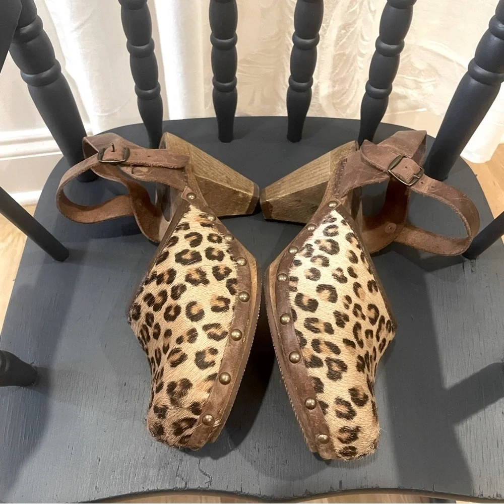 Sanita Calf Hair Animal Hair Leopard Sling Back Clogs Size 38